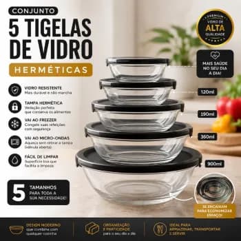 Conjunto Tigela Vidro Bowl Marmita Tampa 5 Peças Herméticos (2 Cores)
