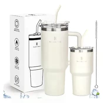 Kit Copo Térmica Inox 1200ml & 600ml Com Tampa E Canudo Branco Cor Pura