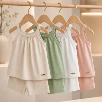Conjunto Infantil Menina 2 Peças Blusa Batinha e Short Cotton Toque Macio Rosé Verde Off Bege 1 2 4 6