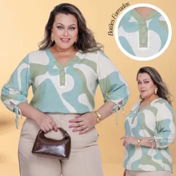 Camisa Feminina Plus Size Viscolinho Manga 3/4 com Amarração Botões Forrados Elegante Casual