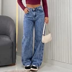 Calça Wide Leg Feminina Jeans Pantalona Levanta Bumbum Moda Azul Marmorizado 40