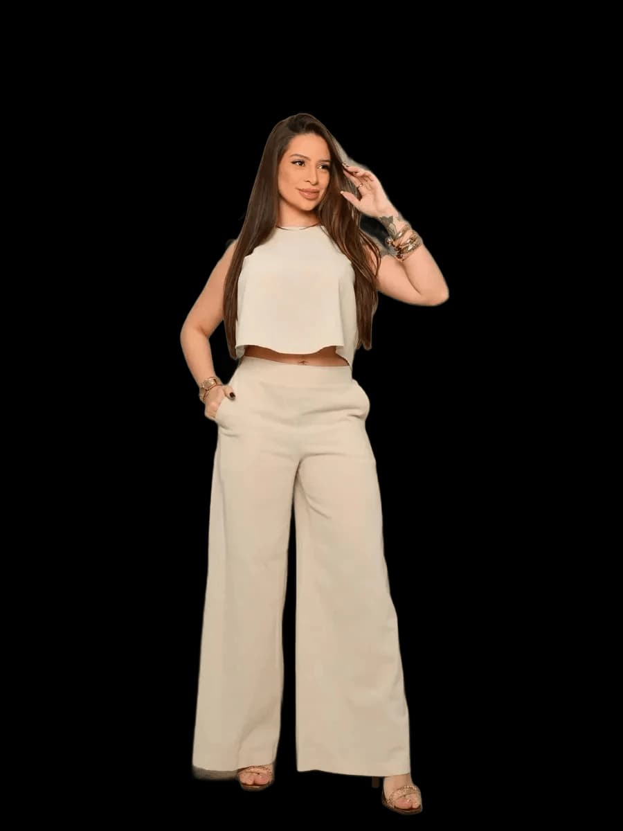 Conjunto Alfaiataria Calça Pantalona E Cropped Linho