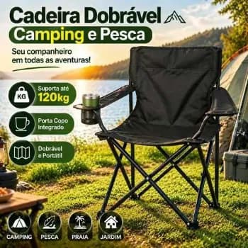 Cadeira Dobrável Kingdom Preta Com Porta-copos E Bolsa De Transporte Para Praia E Camping