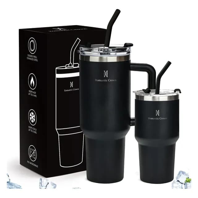 Kit Copo Térmica Inox 1200ml & 600ml Com Tampa E Inox Canudo