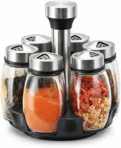 Kit Com 6 Potes De Vidro, Jogo De Frascos Para Temperos Com Tampa Inox E Suporte Giratório – Organização E Praticidade Na Cozinha Premium