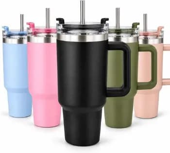 Copo Térmico com Alça e Canudo de Aço Inoxidável 1200ml Garrafa de Agua, Cafe, Cerveja, Refrigerantes, Sucos, mantem a bebidas frias ou quentes (Preto)