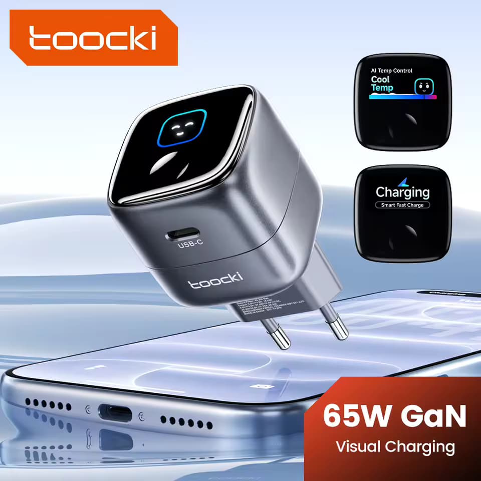 Carregador Toocki 65W, GaN, Tipo C, PD 3.2, SFC3.0, Com Display Digital