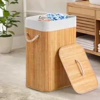 Cesto Roupa Suja Bambu 60L com Tampa e Forro