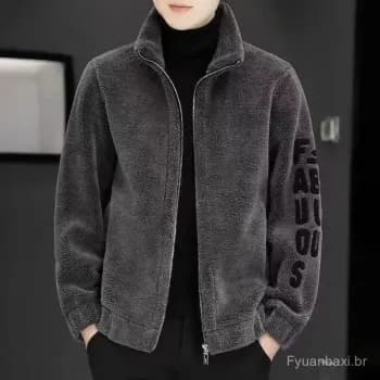 Jaqueta masculina outono inverno gola alta bordada com forro de lã