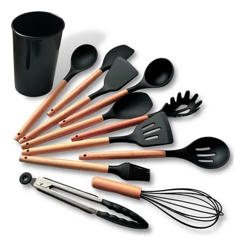 Kit 12 Utensílios De Cozinha Em Silicone E Cabo De Madeira