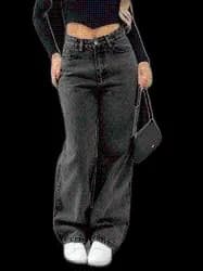 Calça Jeans Wide Leg Feminina Cintura Alta Pantalona Preto Black Marmo Liso 40