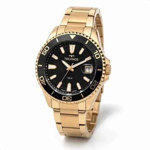 Relógio Technos Masculino 2415ei/1p Acqua 45 Milímetros Todo Em Aço Inoxidável Dourado Prova D´agua 150m Com Calendário