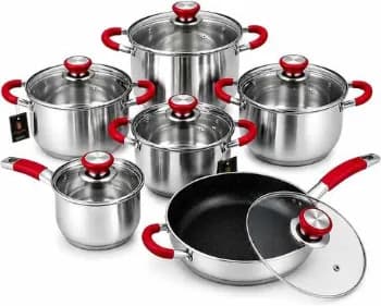 Jogo Panelas Inox 12 Peças Indução Fundo Triplo Com Frigideira Cerâmica Pegadores Silicone Kit Completo