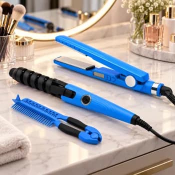 Kit Modelador de Cabelo 3 em 1 Profissional Azul com Chapinha Digital, Babyliss Espiral e Pente Modelador