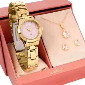 Relógio Feminino Condor Dourado Fundo Rosa Com Conjunto Semi-joia