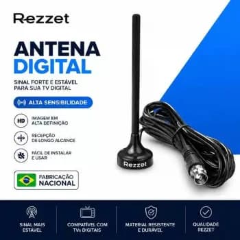 Antena Sinal Digital 4k Smart Tv Interna Externa Led Lcd Amplificador Hdtv Uhf Com Cabo Longo E Base Magnética Rezzet