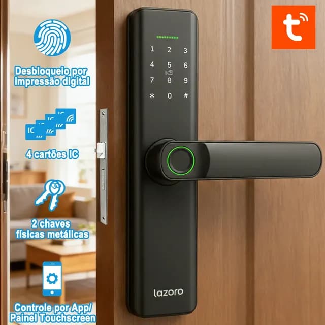 Fechadura Eletronica Digital Com Biometria, Senha, Cartão Ic E Tuya App Bluetooth LAZORO LAM-525B
