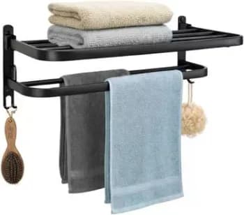 Toalheiro Duplo De Parede Com Prateleira 46cm, Metal Preto Fosco