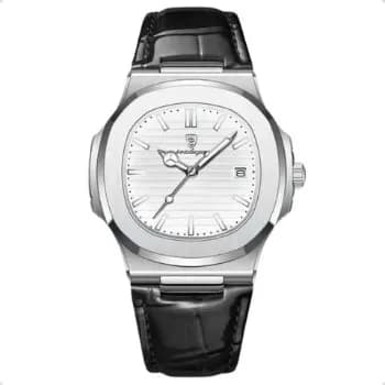 Relógio Classic Vintage Suíço Masculino Em Couro Esportivo Correia Preto Bisel Prateado Fundo Branco