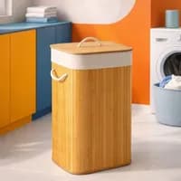 Cesto Roupas Bambu 60 Litros Tampa Alças Dobrável