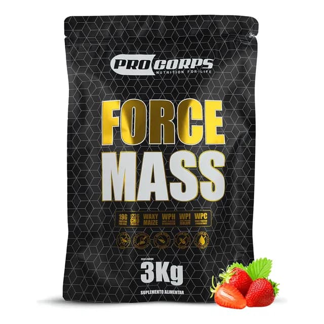 Suplemento Hipercalórico Force Mass 3kg Morango Pro Corps Ganho de Massa e Energia