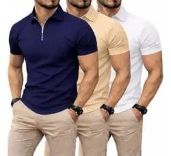 Kit 3 Camiseta Polo Manga Curta Com Zíper Masculina Canelada