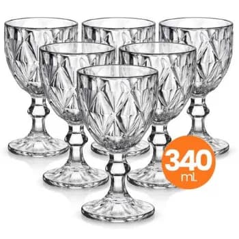 Jogo 6 Taças Vidro Diamond 340ml Conjunto Mesa Posta Água Suco Cozinha Decoração Presente