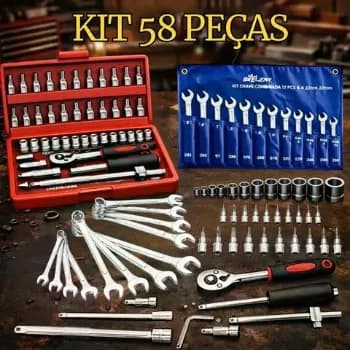 Kit Jogo De Ferramentas 58 Peças Completo Profissional Soquete 46 Peças + Chave Combinada 12 Peças Conserto Carro Moto Casa Oficina Kit Soquetes Com Catraca 46 Peças + Jogo 12 Chaves + Maleta Hexon