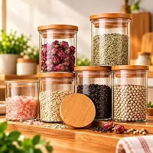 Kit 6 Potes Herméticos De Vidro 200ml Com Tampa De Bambu Premium Redondo Porta Mantimentos Temperos Grãos Café Condimentos Organizador De Cozinha Vedação Hermética 6 Unidades Empilhável Moderno Luxo