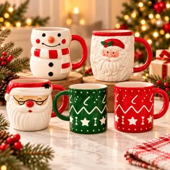 Caneca  de Cerâmica Natalina com Alça, Estampa Papai Noel e Boneco de Neve Decoração  Natal