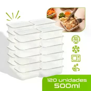 120 Marmitas 500ml Comida Fitness Pote Descartável Retangular Plástico Freezer Microondas Com Tampas - Mtones