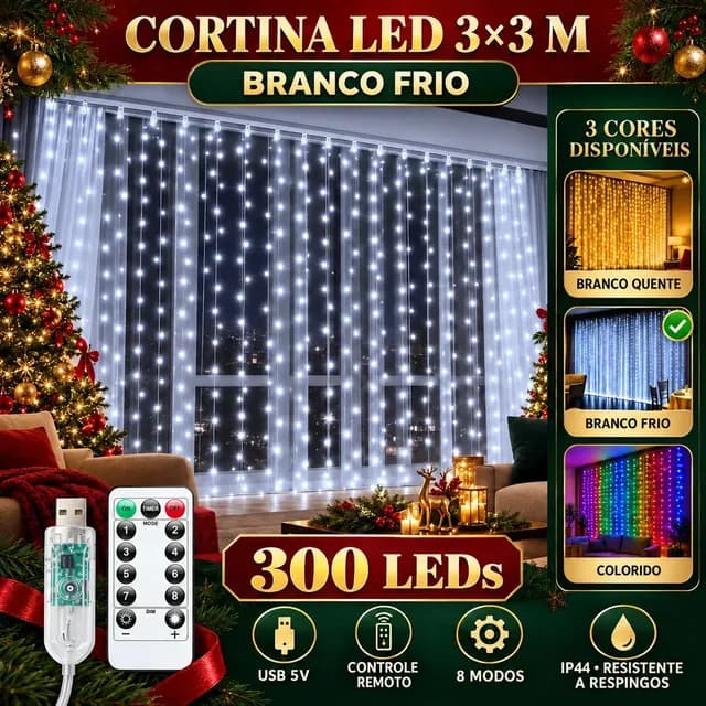 Pisca Cortina 300 Leds 3x3m Usb Ip44 8 Modos Iluminação
