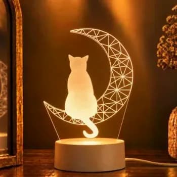Luminária Led Gato Sozinho Na Lua - Abajur De Mesa Branco Branco