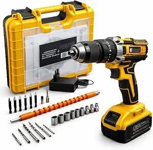 Parafusadeira E Furadeira Impacto 36v Com LED Sem Fio 13mm Nakasaki Maleta Acessórios Completo Amarelo Bivolt 50/60 Hz