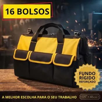 Bolsa Ferramentas Grande Reforçada Maleta Lona 16 Bolsos Fundo Resistente Eletricista Encanador Mecânico Hobista Manutenção Predial Porta Ferramenta Profissional Alça Reforçada Preto/amarelo Spirobol