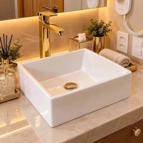 Cuba De Sobrepor Quadrada 30,5x27cm Branco Mármore Sintético Para Banheiro/lavabo Movelove