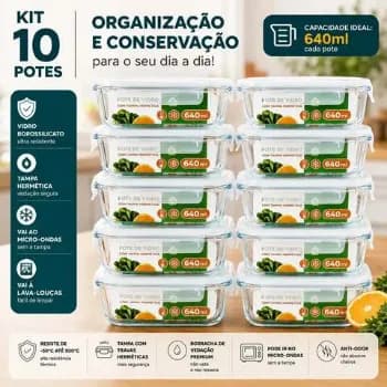 Kit 10 Pote De Vidro Marmita Hermetico 640ml Freezer Fitness Forno Micro-ondas Airfryer Com 4 Travas De Super Vedação Borossilicato Conjunto Organizador De Cozinha Geladeira Anti Vazamento