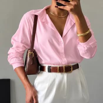 Camisa Feminina Camisa Feminina Social Manga Longa Elegante Camisa de Botão Crepinho Premium Trabalho Casual Alfaiataria