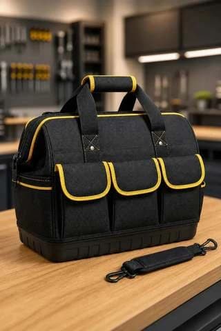 Bolsa Maleta De Ferramentas 16 Polegadas Grande 16 Bolsos, 8 Internos E 8 Externos, Base Rígida E Alça Removível Para Eletricista E Profissionais Preto E Amarelo Hardline