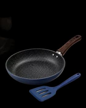 Frigideira Antiaderente 24cm com Revestimento Cerâmico Efeito Granito para Indução, Gás, Elétrico e Cerâmico com Cabo Amadeirado e Espátula de Silicone Azul
