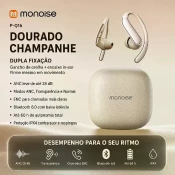 Fone de Ouvido Esportivo Sem Fio Monoise P-Q16 In Ear Bluetooth 6.0 para Corrida com Gancho e Microfone ANC Leve e ENC Estojo com Indicador