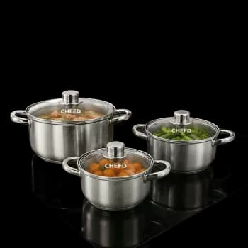 Jogo de Panelas Chef D Aço Inox 6 Peças 3 Caçarolas 3 Tampas de Vidro Fundo Triplo Fogão Indução Gás Elétrico Saudável Sem BPA Atóxico