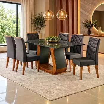 Mesa De Jantar 160x80cm Tampo Com Vidro 6 Cadeiras Fj