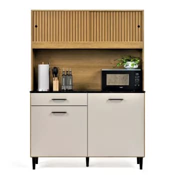 Armário De Cozinha Compacta Grazi Com 4 Portas E Gaveta Espaçosa Acabamento Durável Completa Resistente Ripado 3d Branco Off White Grazi