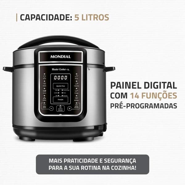 Panela de Pressão Elétrica Digital MONDIAL 5L, Preto/Inox | 900W, 110V, PE-38