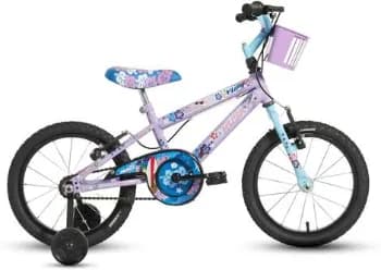 Bicicleta Infantil Aro 16, Lilás e Azul, Quadro em Aço Carbono, com Rodinhas Laterais, Cestinha Frontal Lilo para 4 a 8 Anos Husky