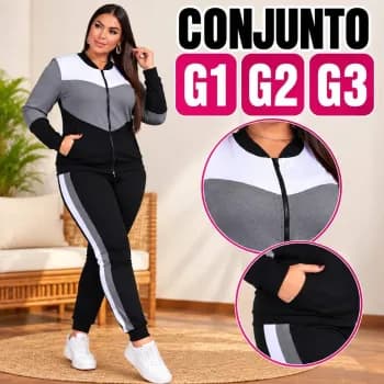 Conjunto Femenino Tecido Malha Crepe 2 Peças Calça e Blusa con Ziper Frontal Moda Inverno de frio