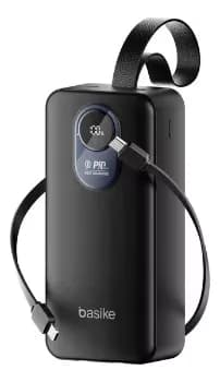 Power Bank Basike 30.000mAh Portátil, Carregamento Rápido 22.5W, com Cabos Embutidos e Display LED para iPhone e Samsung