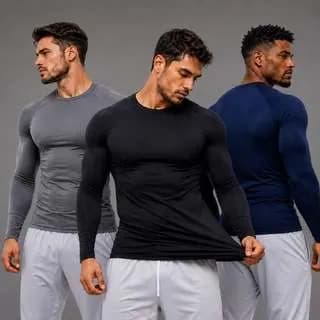 Kit 3 Camisas Uv50+ Segunda Pele Masculina Manga Longa Preto Azul-marinho E Cinza P