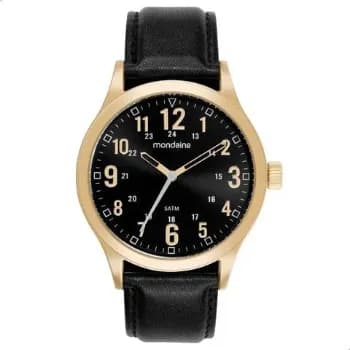 Relógio Mondaine Masculino 99626GPMVDH2 Dourado Analógico Couro Preto Mostrador Preto 5 ATM 50m Cristal Mineral 44mm Casual Social Original